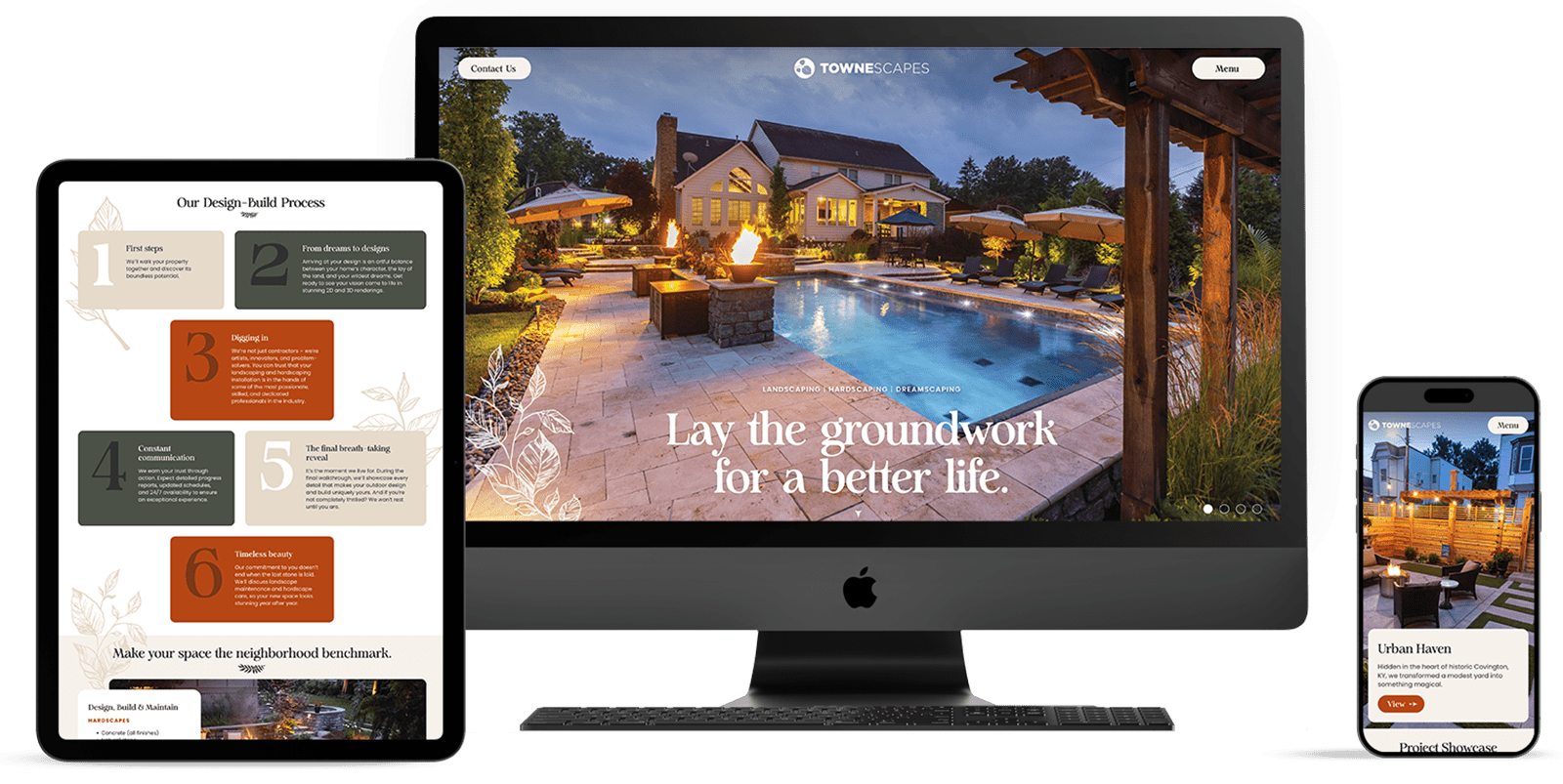 Mockups of the Townescapes website on tablet, desktop and mobile